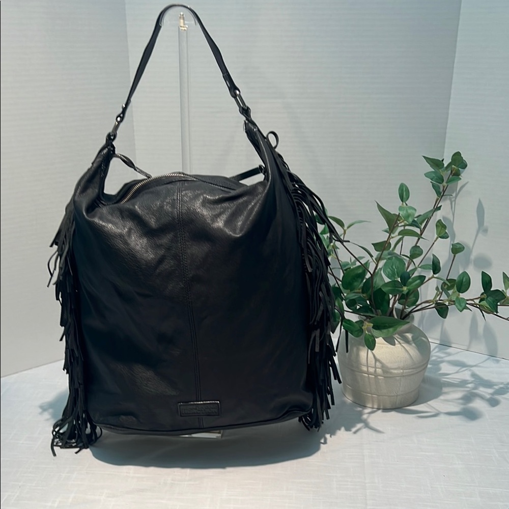 Kenneth Cole Reaction Black Leather Fringe Hobo Bag